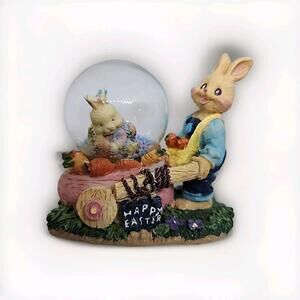 Farmer Easter Bunny Hauling Carrots In A Wheel Barrow Waterless Bunny Snowglobe